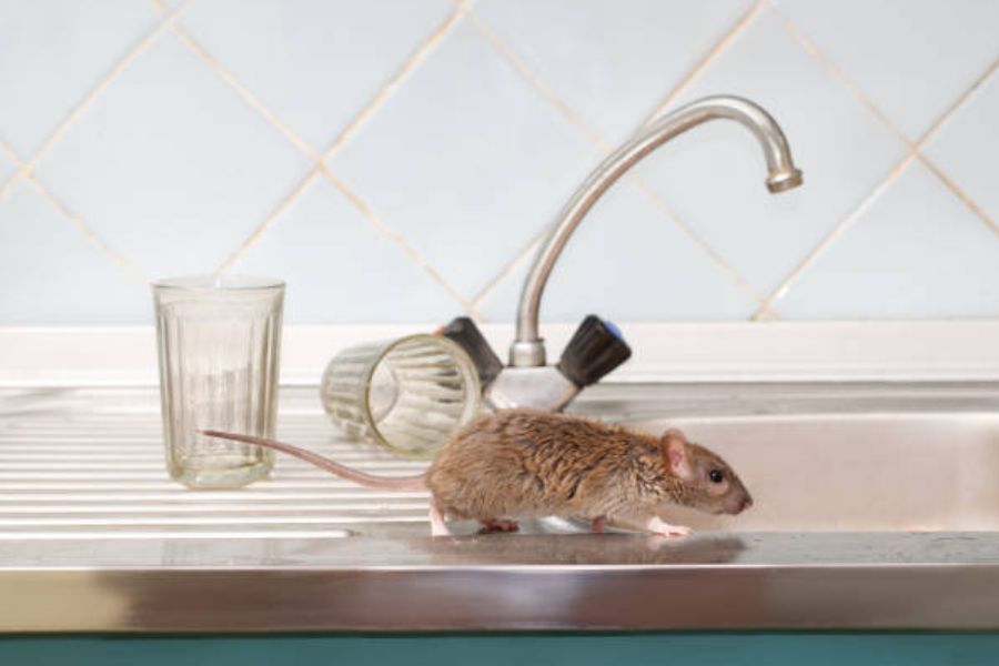Rodent infestation: A mouse in a kitchen.